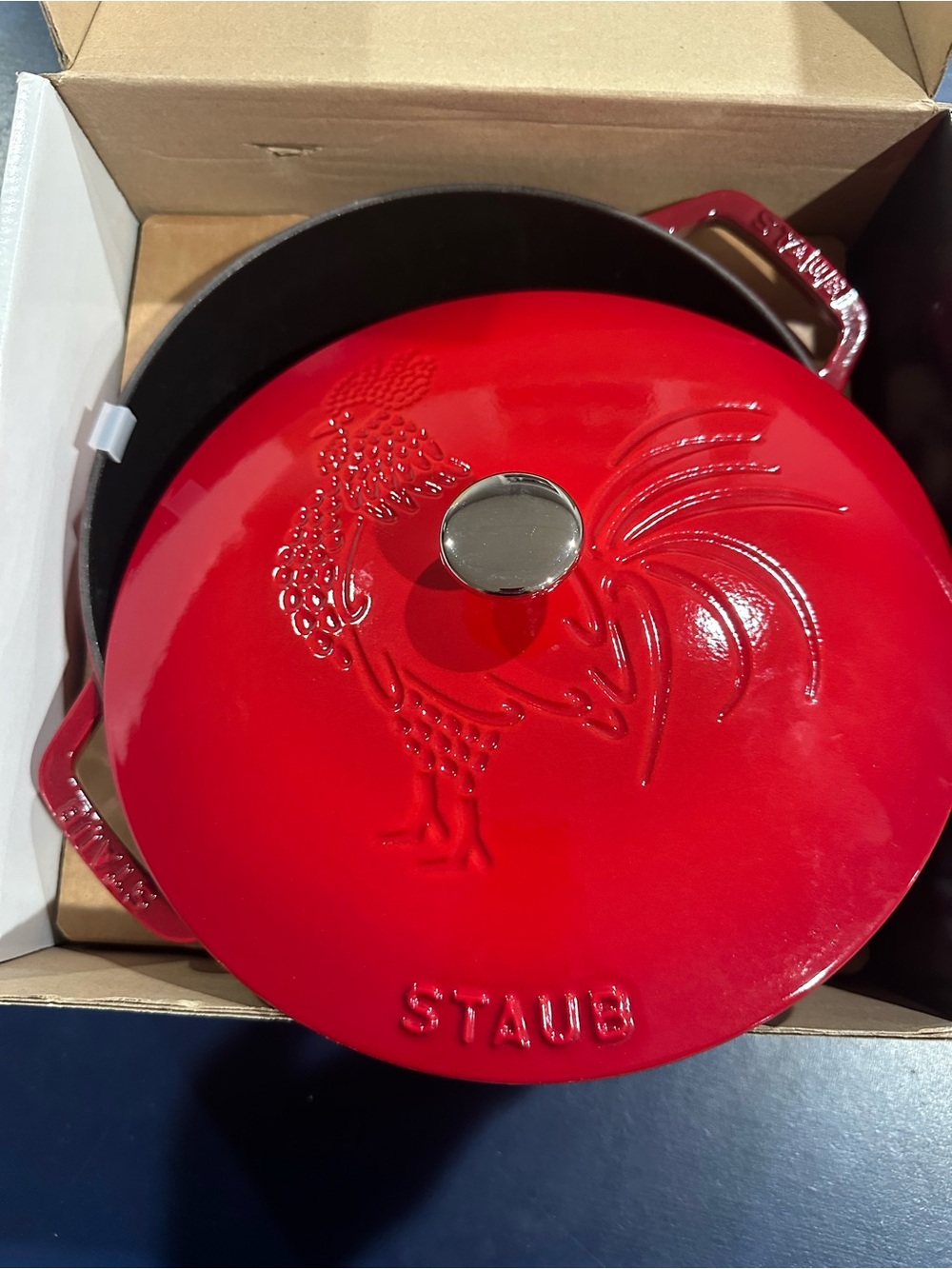 Staub Bright Red Enamel Cast Iron Cocotte with Rooster Motif